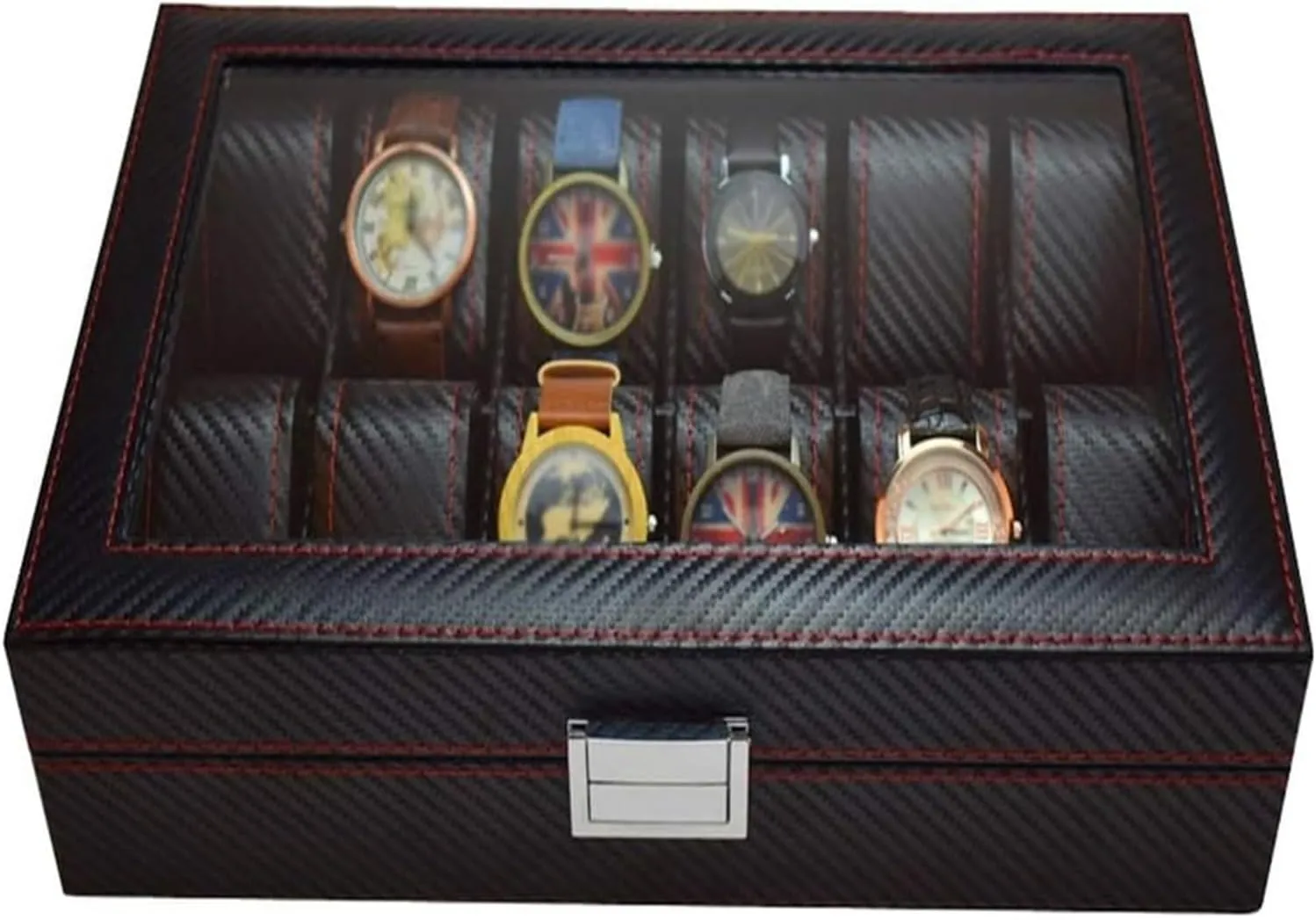 Watch Case,Elegant Large Watch Box Organizer for Men Women with 12 Slots, Transparent top, Portable Leather Watch Holder Mens Watches Case Storage Best for The Husband,