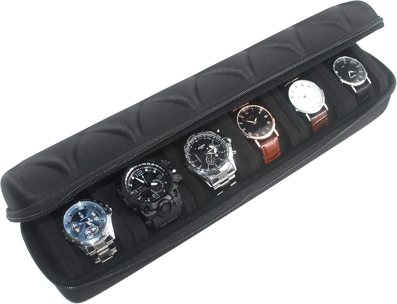 Watch roll travel case organizer for 6 watches, Storage Organizer and Display with innovative watch pillow, fit large up to 60mm faced watches (Black, 6 Slot)