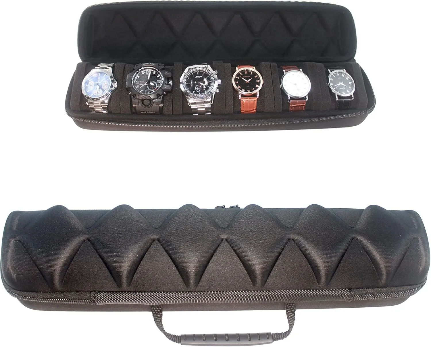 Watch roll travel case organizer for 6 watches, Storage Organizer and Display with innovative watch pillow, fit large up to 60mm faced watches (Black, 6 Slot)