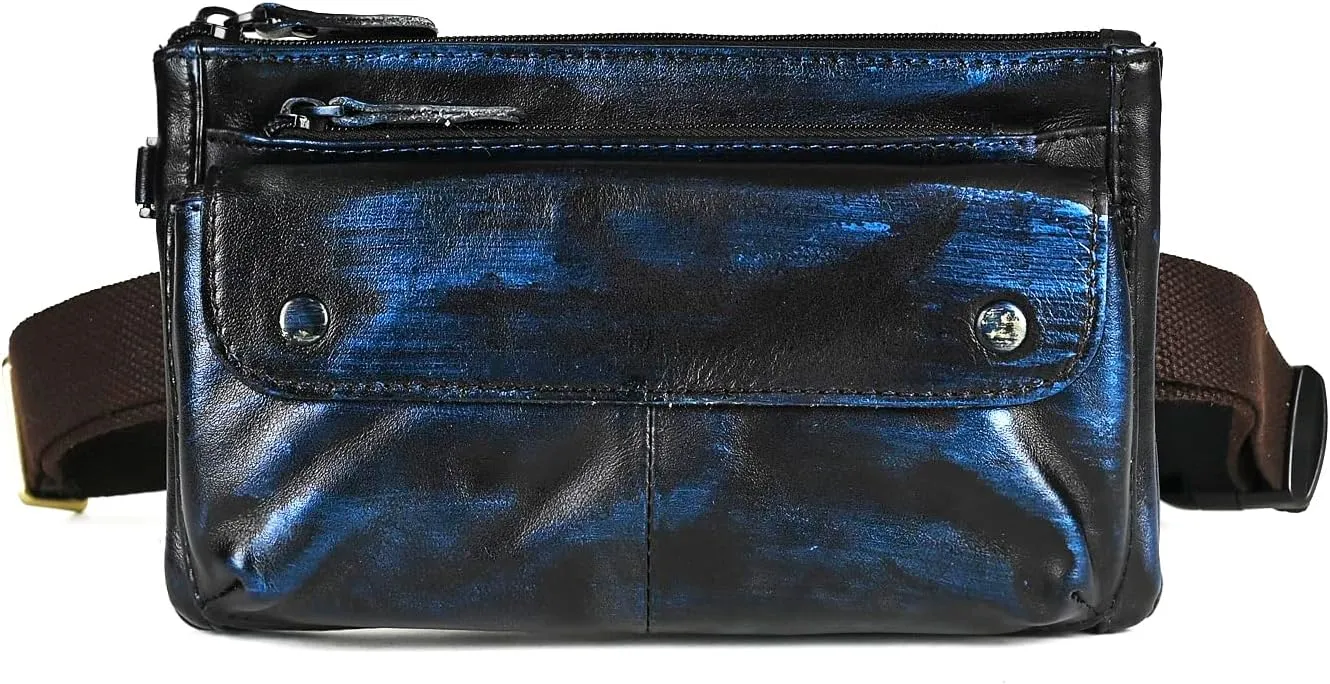 Water Resistant Canvas   Leather Hiking Riding Travel Fanny Waist Pack Small Phone Pouch For Men Women FB811-29 (100% Leather-The 8136 Blue)