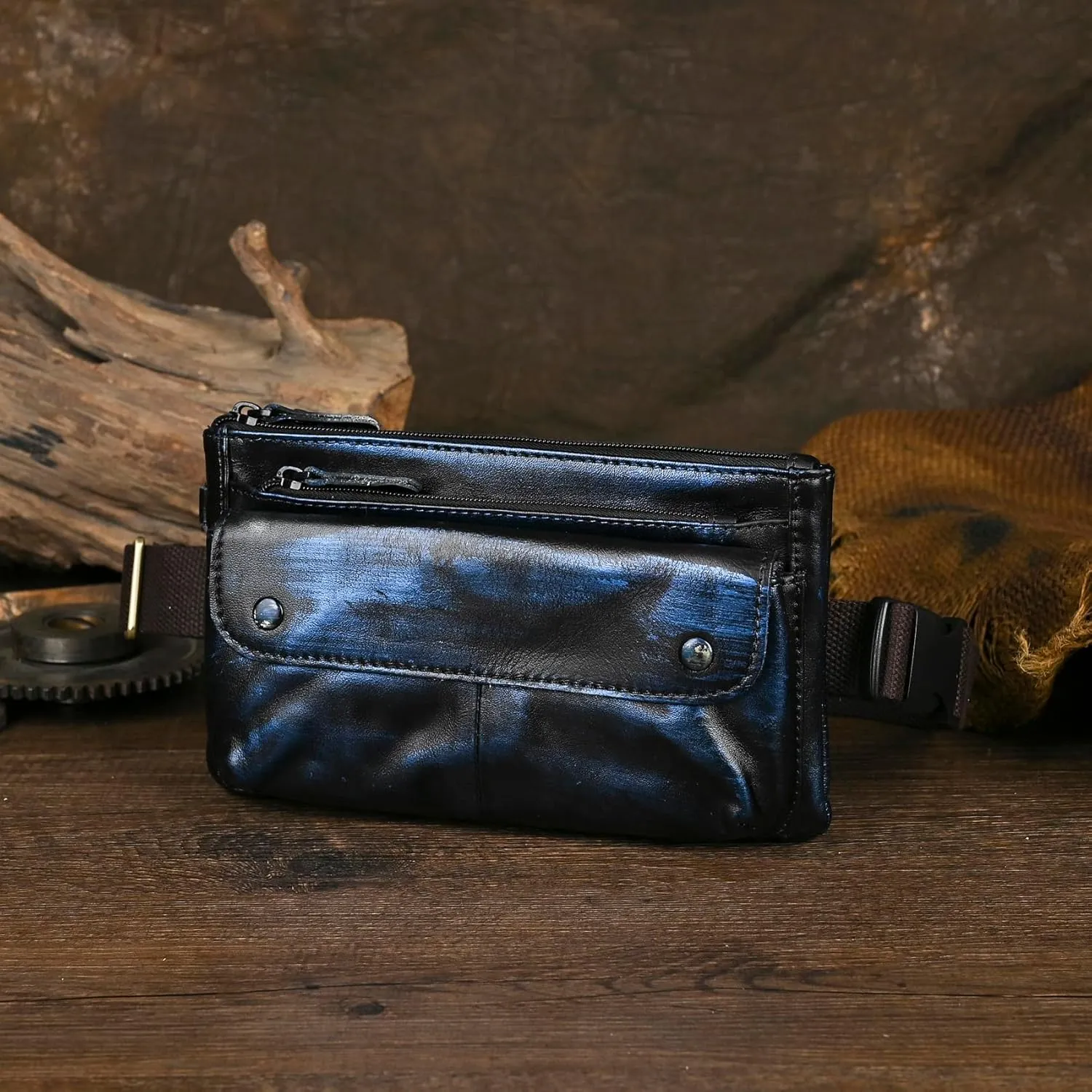 Water Resistant Canvas   Leather Hiking Riding Travel Fanny Waist Pack Small Phone Pouch For Men Women FB811-29 (100% Leather-The 8136 Blue)
