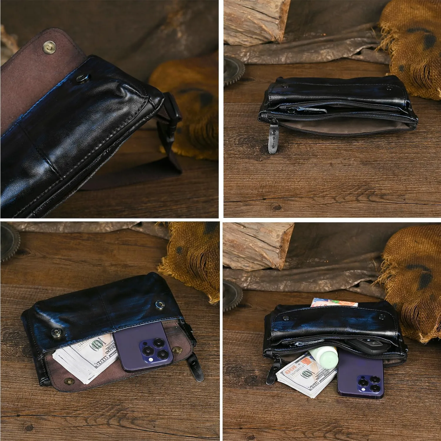 Water Resistant Canvas   Leather Hiking Riding Travel Fanny Waist Pack Small Phone Pouch For Men Women FB811-29 (100% Leather-The 8136 Blue)