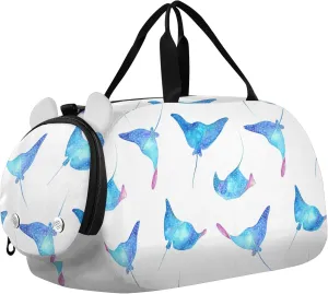 Watercolor Blue Stingray Fish Sports Duffle Bag for Girls Boys, Gym Bag with Shoe Compartment, Kids Travel Overnight Weekender Shoulder Bag