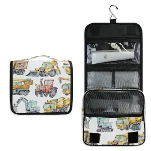 Watercolor Trucks and Cars Red Tractor, Excavator, Concrete Mixer Travel Cosmetic Bag, Hanging Toiletry Wash bag, Portable Makeup Organizer Brush Case, Storage Bag with Hook for Bathroom Toilet