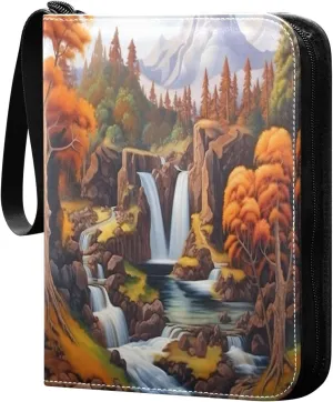 Waterfall Painting Card Binder with 50 Removable Page Sleeves PU Leather Collectible Trading Card Albums Book with Zipper for Games Card,Baseball Cards