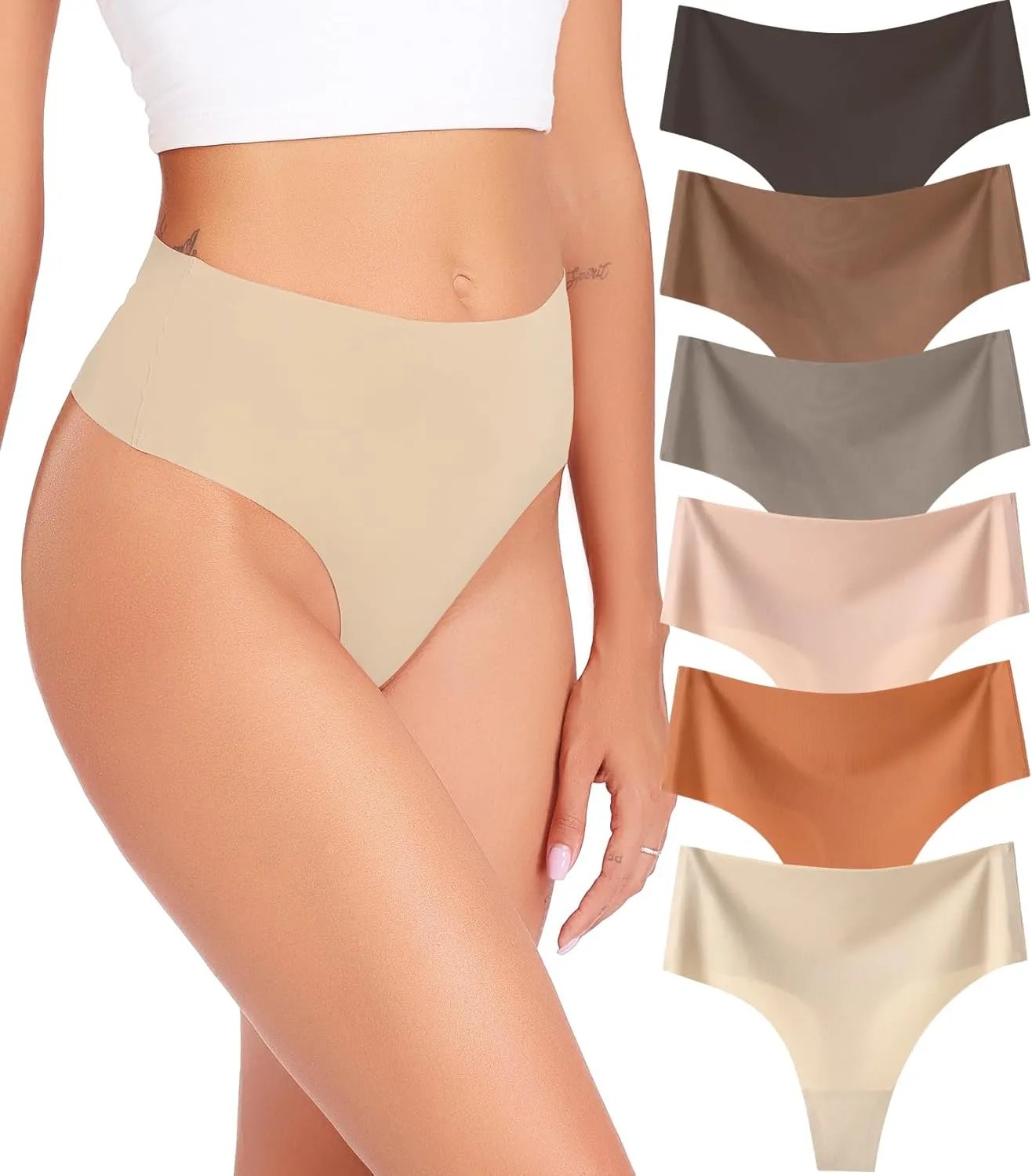 Wealurre Womens Underwear High Waisted Seamless Thongs for Women Breathable No Show Panties for Ladies 6 Pack