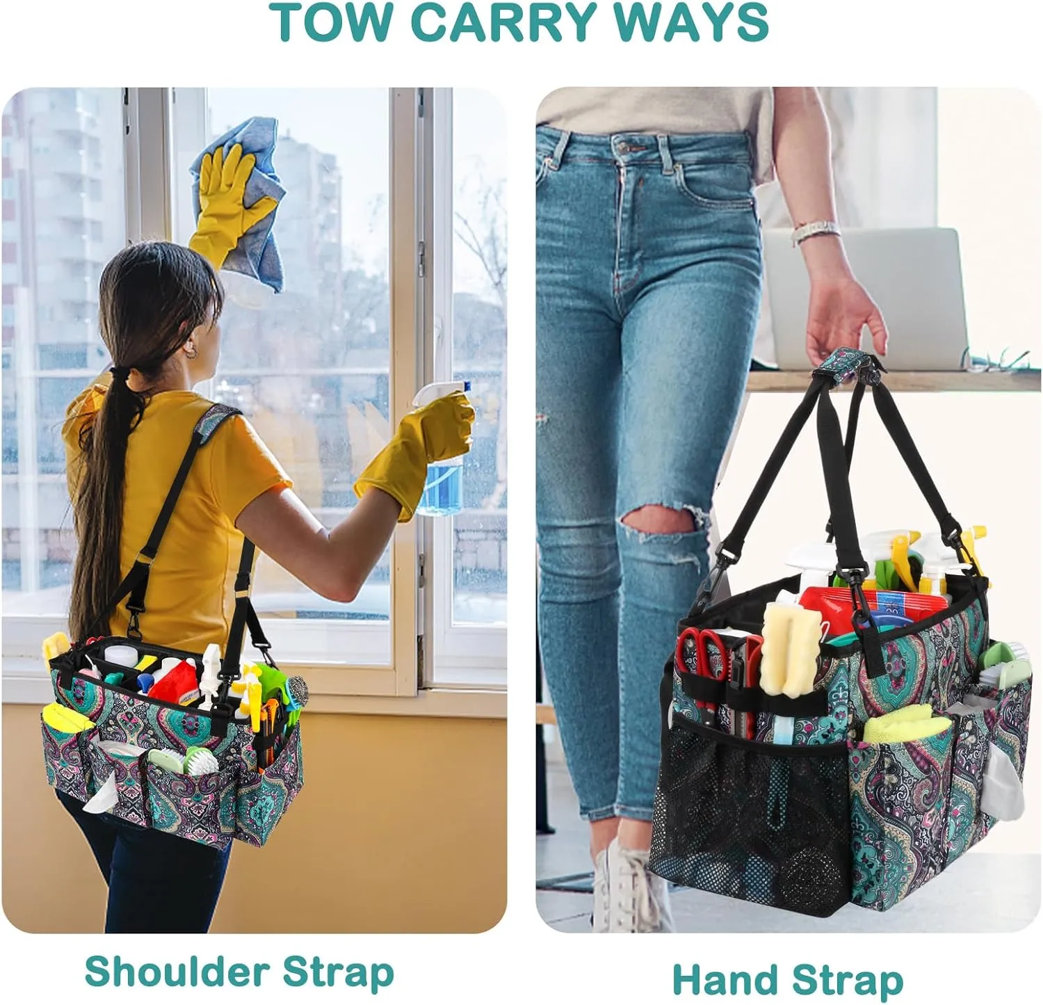 Wearable Cleaning Caddy Bag with Handle, Multi-functional Cleaning Supplies Caddy Organizer with Handle and Shoulder Strap for Car Wash, Gardening Tools, Painting/Picnic Items, Beach