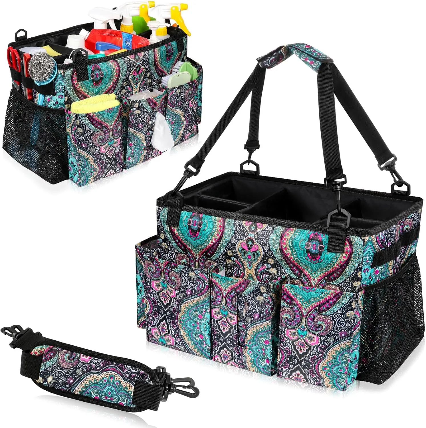 Wearable Cleaning Caddy Bag with Handle, Multi-functional Cleaning Supplies Caddy Organizer with Handle and Shoulder Strap for Car Wash, Gardening Tools, Painting/Picnic Items, Beach