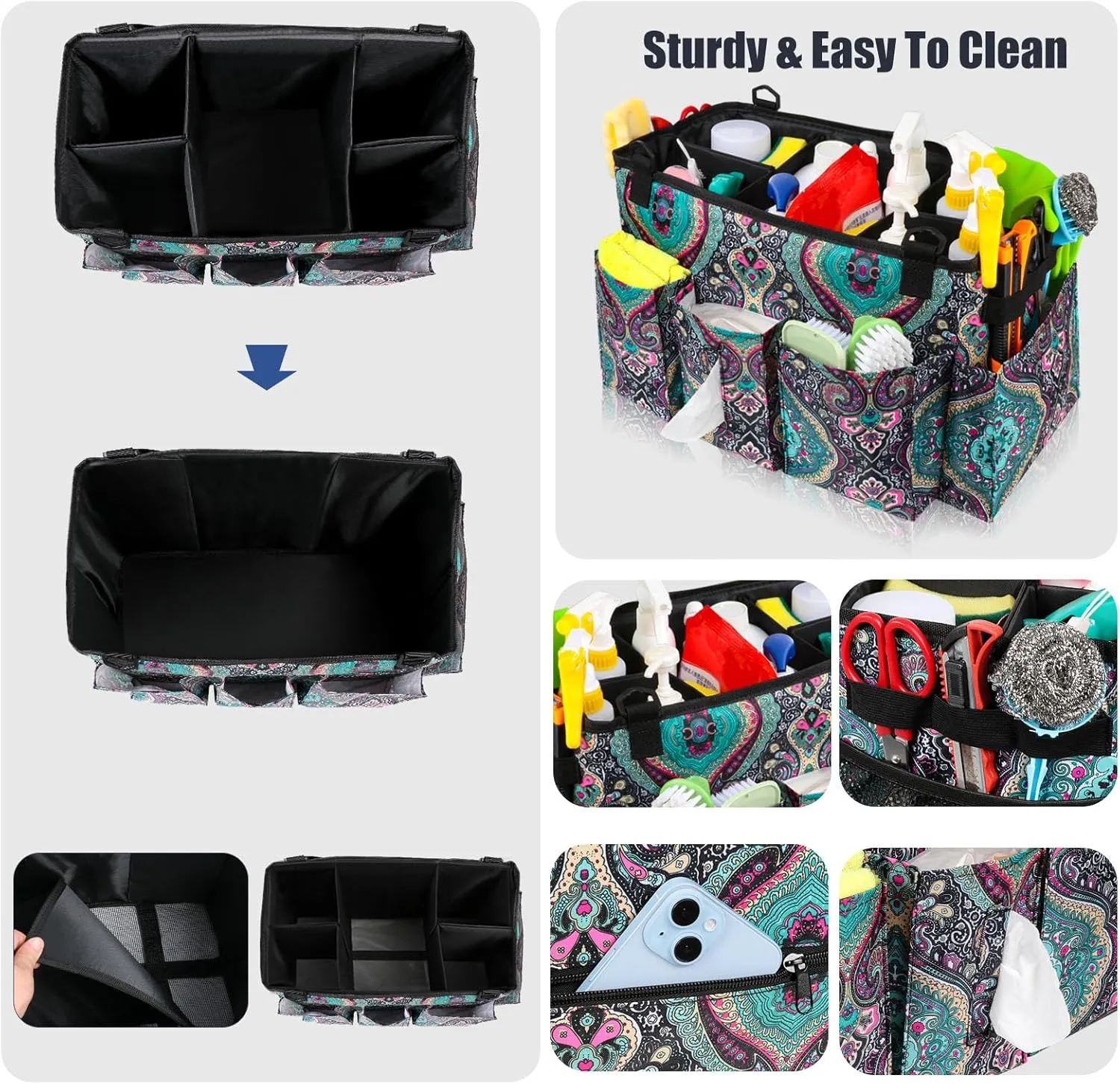 Wearable Cleaning Caddy Bag with Handle, Multi-functional Cleaning Supplies Caddy Organizer with Handle and Shoulder Strap for Car Wash, Gardening Tools, Painting/Picnic Items, Beach