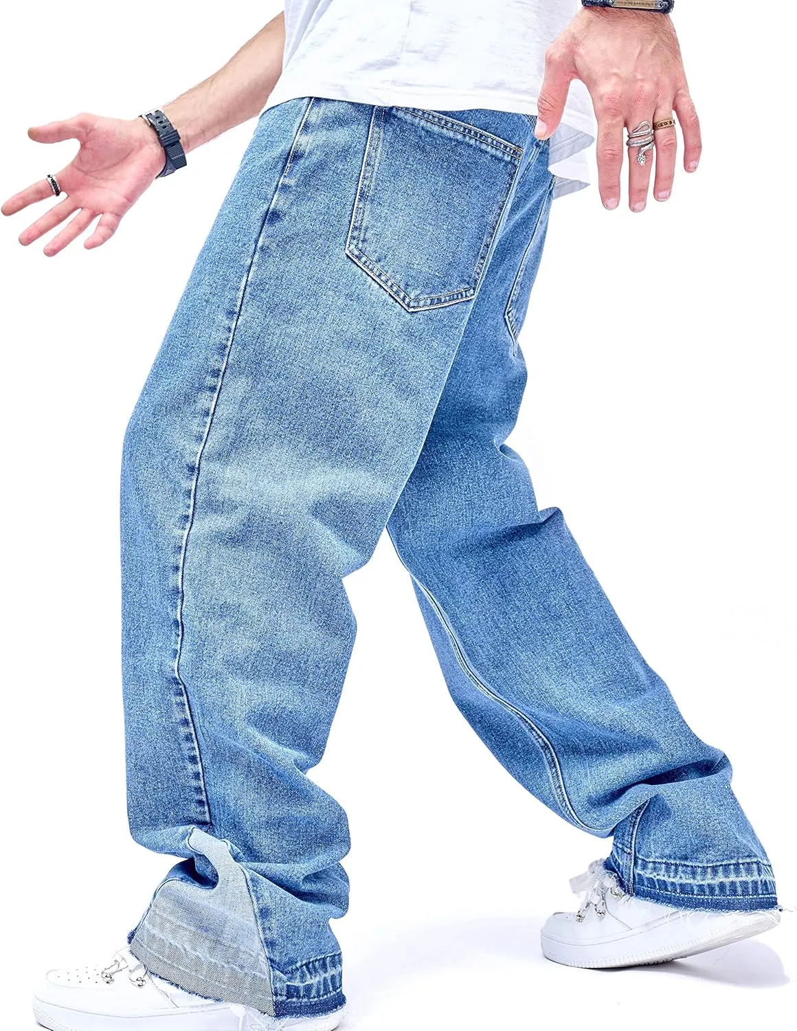 WEIBUMAOYI Men's Wide-Leg Jeans Straight Leg Carpenter Denim Pants Loose fit Trousers