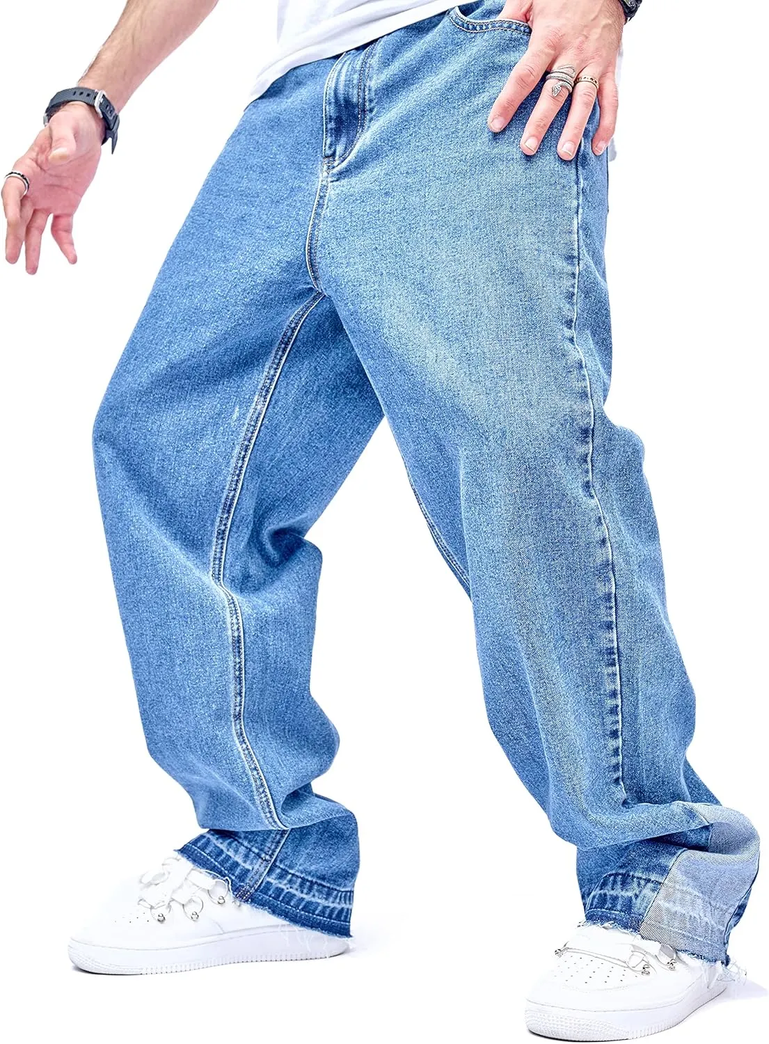 WEIBUMAOYI Men's Wide-Leg Jeans Straight Leg Carpenter Denim Pants Loose fit Trousers