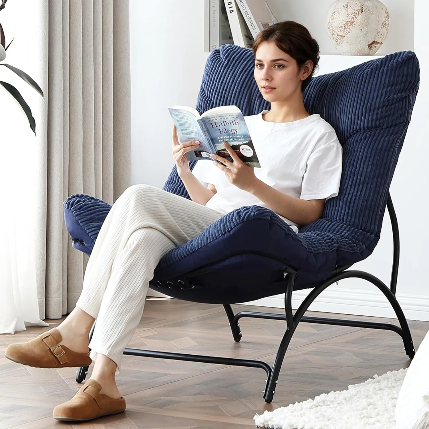Welnow Accent Lounge Lazy Chair, Comfy Soft Leisure Metal Frame Reading Chair, Upholstered Thick Cushion Seated Recliner Sofa for Living Room, Bedroom, Dorm, Navy