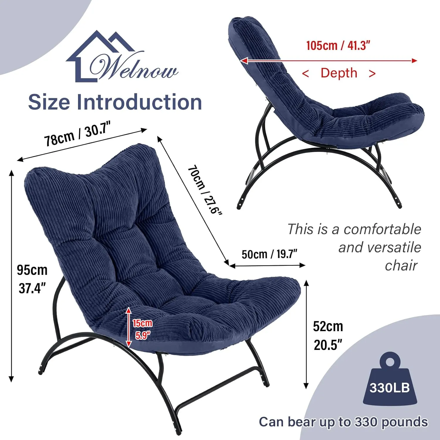 Welnow Accent Lounge Lazy Chair, Comfy Soft Leisure Metal Frame Reading Chair, Upholstered Thick Cushion Seated Recliner Sofa for Living Room, Bedroom, Dorm, Navy