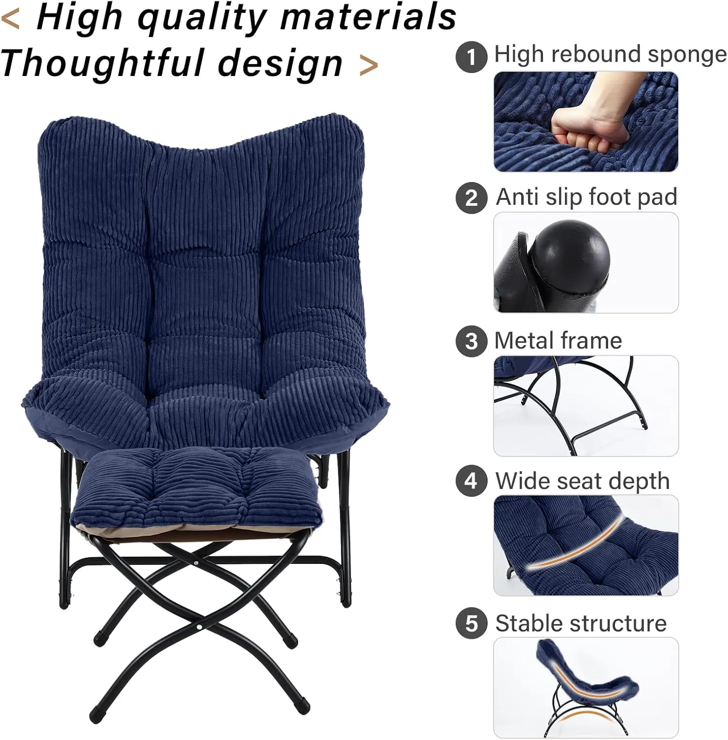 Welnow Accent Lounge Lazy Chair, Comfy Soft Leisure Metal Frame Reading Chair, Upholstered Thick Cushion Seated Recliner Sofa for Living Room, Bedroom, Dorm, Navy