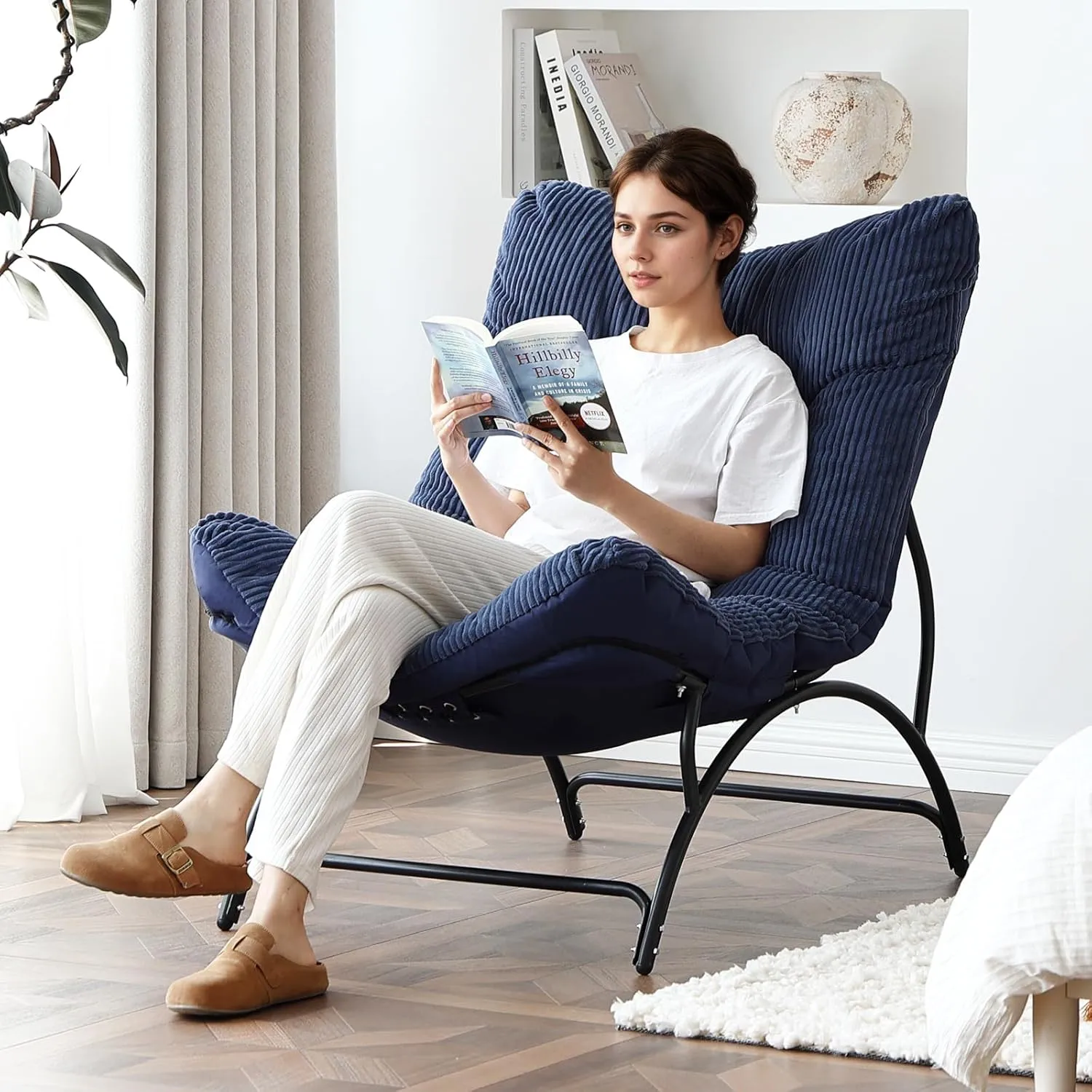 Welnow Accent Lounge Lazy Chair, Comfy Soft Leisure Metal Frame Reading Chair, Upholstered Thick Cushion Seated Recliner Sofa for Living Room, Bedroom, Dorm, Navy