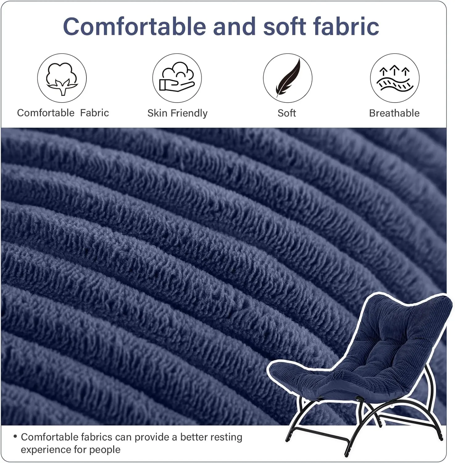 Welnow Accent Lounge Lazy Chair, Comfy Soft Leisure Metal Frame Reading Chair, Upholstered Thick Cushion Seated Recliner Sofa for Living Room, Bedroom, Dorm, Navy
