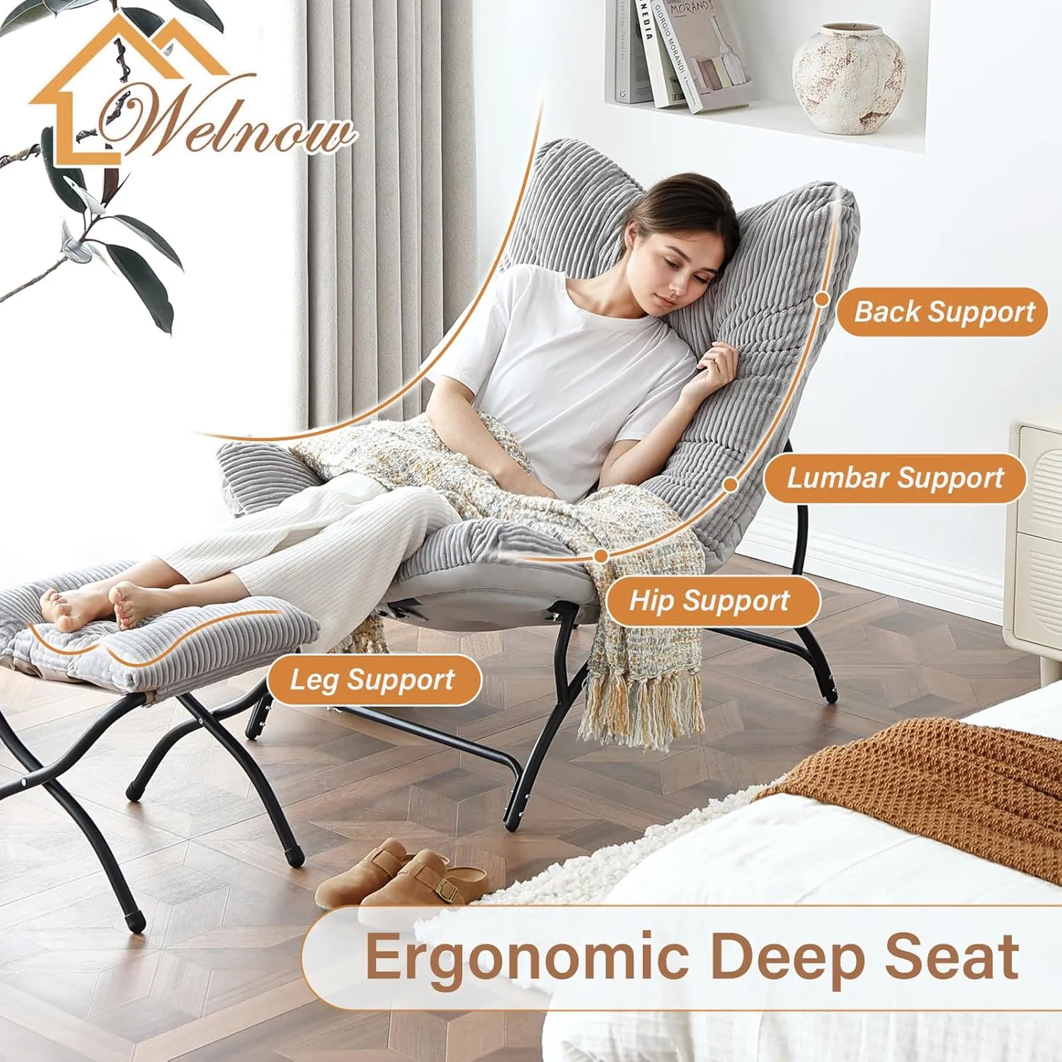 Welnow Accent Lounge Lazy Chair, Comfy Soft Leisure Metal Frame Reading Chair, Upholstered Thick Cushion Seated Recliner Sofa for Living Room, Bedroom, Dorm, Navy