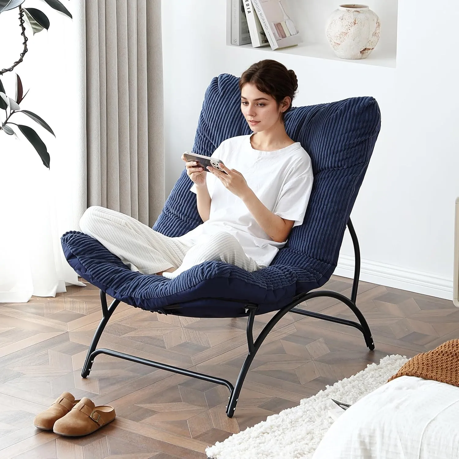 Welnow Accent Lounge Lazy Chair, Comfy Soft Leisure Metal Frame Reading Chair, Upholstered Thick Cushion Seated Recliner Sofa for Living Room, Bedroom, Dorm, Navy