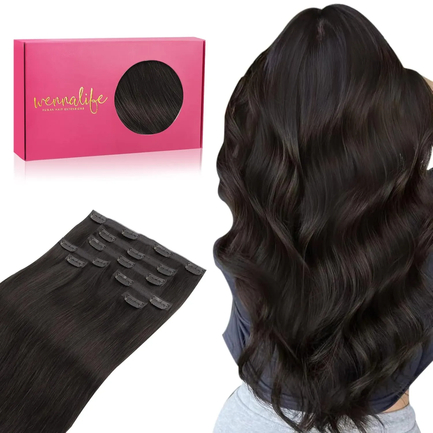 WENNALIFE Genius Seamless Clip-in Hair Extensions - 7pcs Ultra Invisible 50% Thinner Real Human Dark Brown Hair
