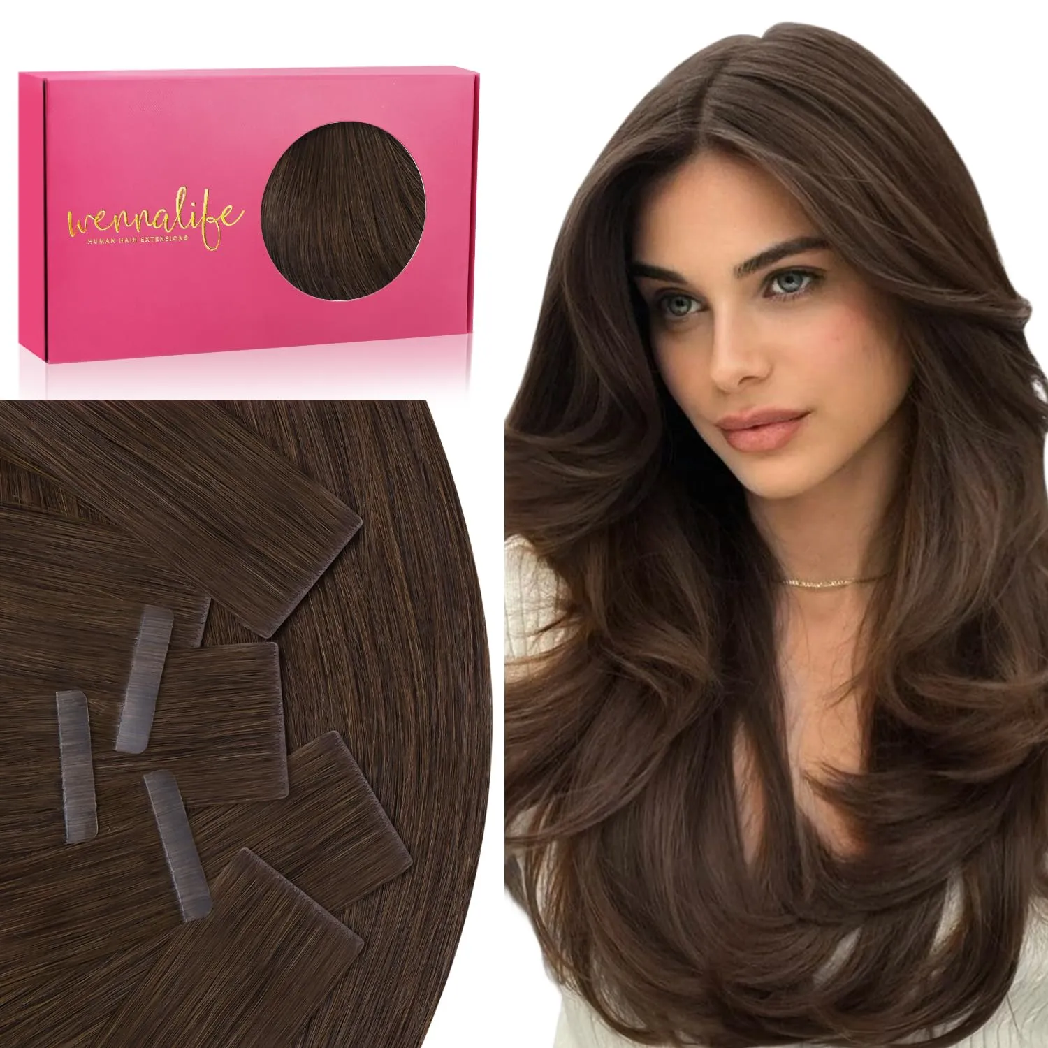 WENNALIFE Invisi Edge & Classic Tape in Hair Extensions Human Hair, 20 Inch 50g 20pcs(10pcs Invisi Edge & 10pcs Classic) Chocolate Brown Invisible Luxury Remy Hair Natural Seamless Injected Tape Ins