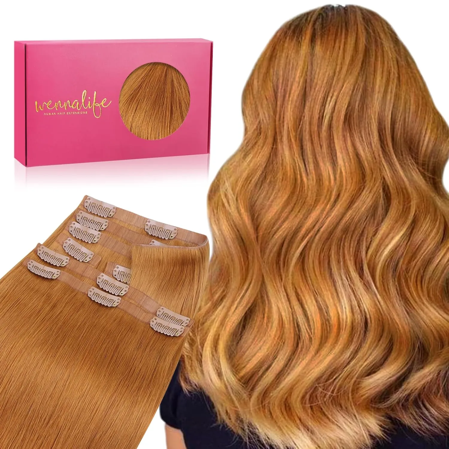 WENNALIFE Invisi Edge Clip in Hair Extensions Real Human Hair, 16 Inch 130g 7pcs Auburn Ginger Seamless Clip in Extensions Remy Hair Clip Ins Invisible Skin Weft Straight Extensiones De Cabello Hmano