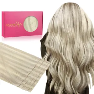 WENNALIFE Invisi Edge Tape in Hair Extensions Human Hair, 14 Inch 50g 20pcs Ash Blonde Highlighted Platinum Blonde Invisible Luxury Remy Hair Extensions Natural Seamless Injected Tape Ins Straight