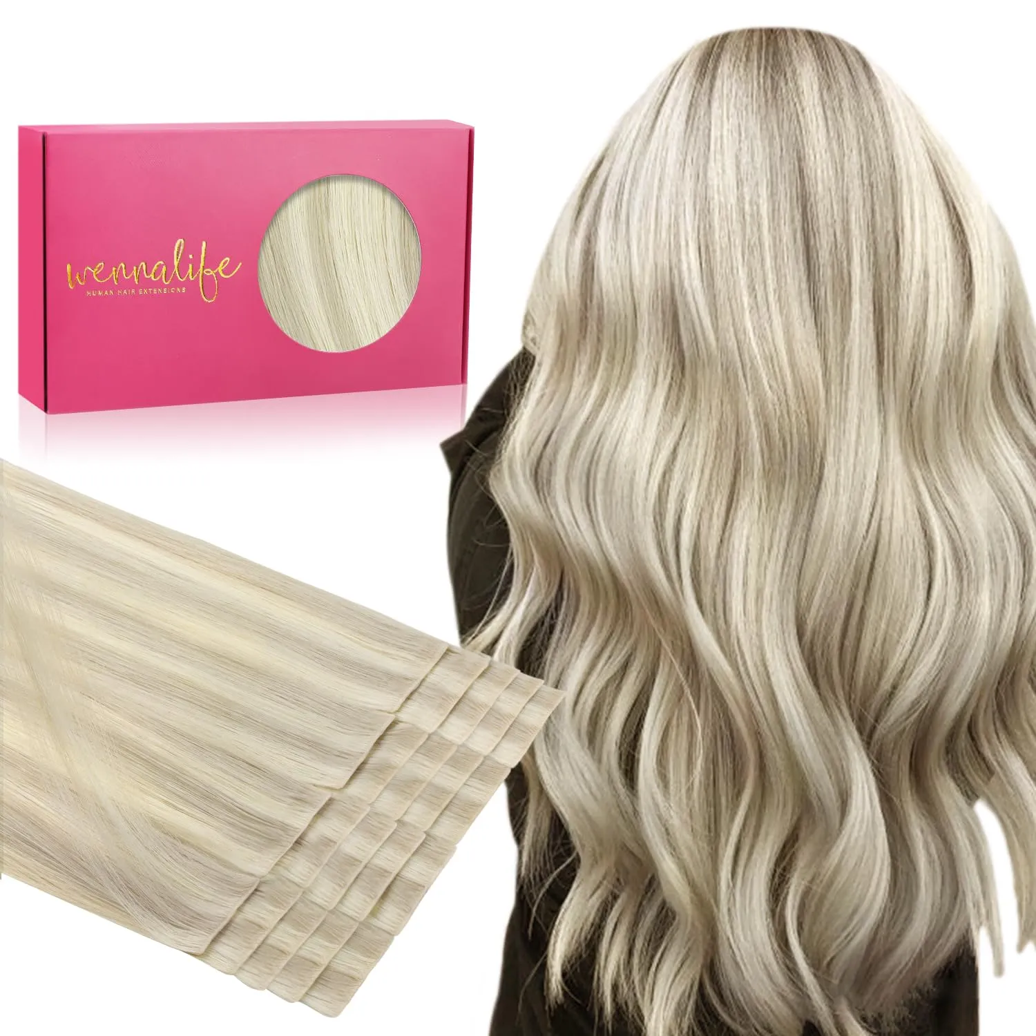 WENNALIFE Invisi Edge Tape in Hair Extensions Human Hair, 14 Inch 50g 20pcs Ash Blonde Highlighted Platinum Blonde Invisible Luxury Remy Hair Extensions Natural Seamless Injected Tape Ins Straight