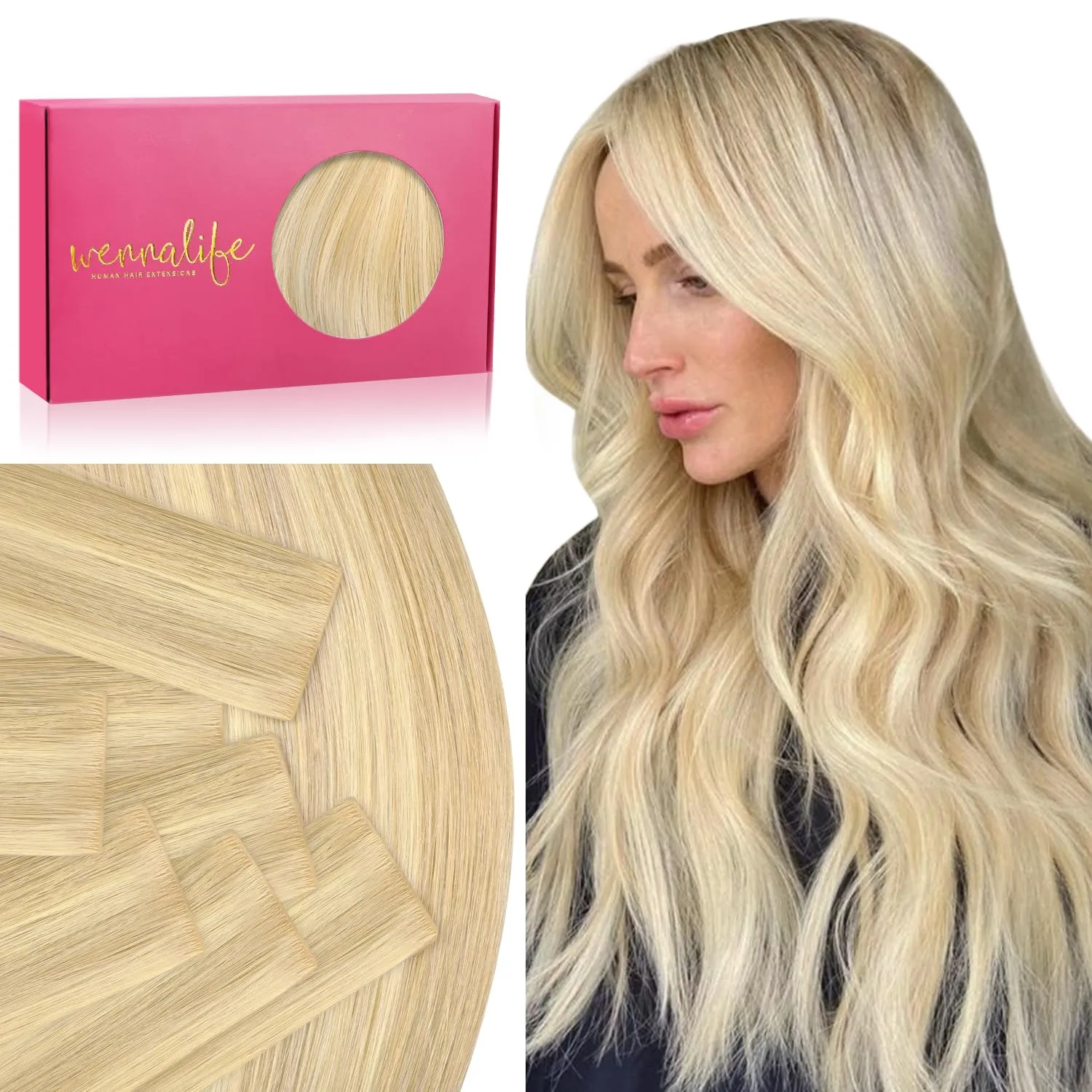 WENNALIFE Invisi Edge Tape in Hair Extensions Human Hair, 14 Inch 50g 20pcs Light Blonde Highlighted Golden Blonde Invisible Luxury Remy Hair Extensions Natural Seamless Injected Tape Ins Straight