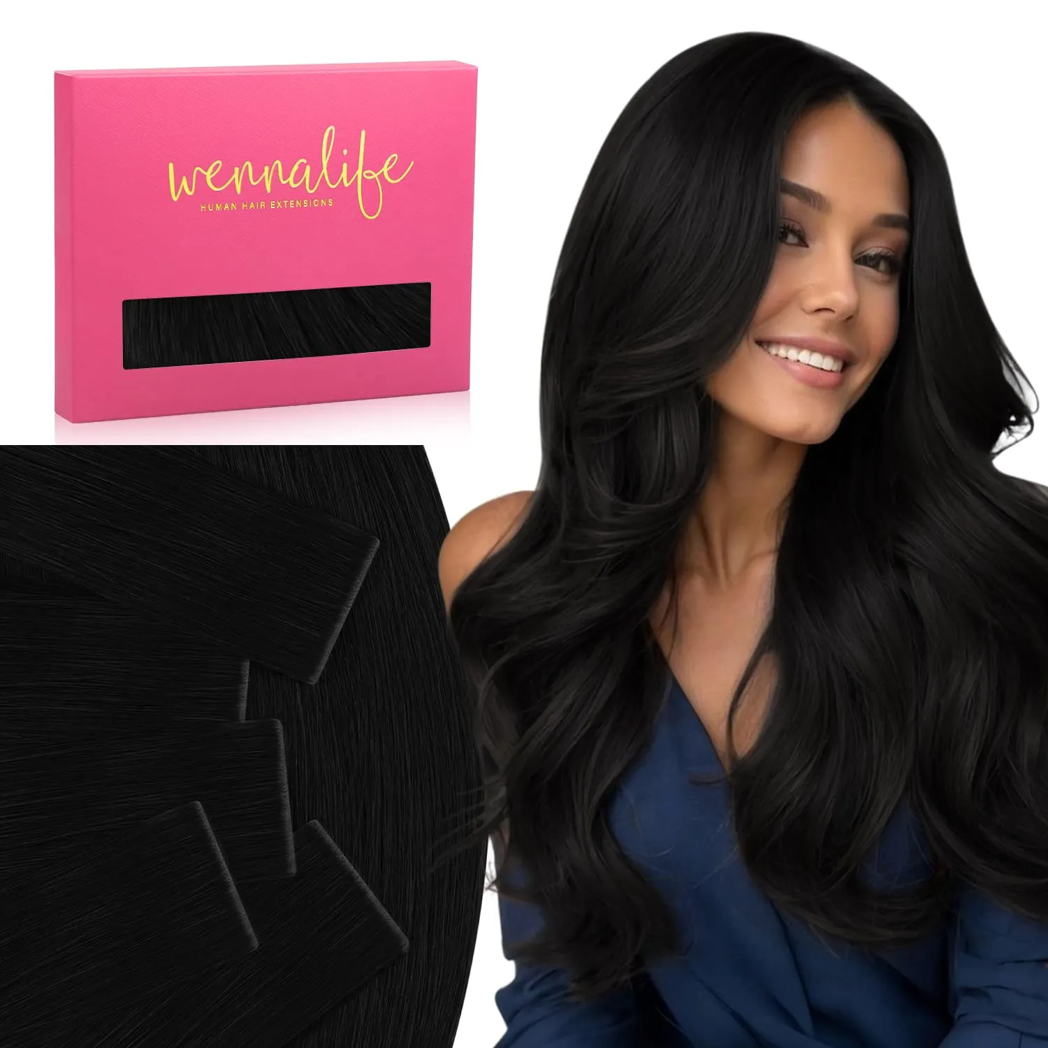 WENNALIFE Invisi Edge Tape in Hair Extensions Human Hair, 16 Inch 25g 10pcs Jet Black Invisible Luxury Remy Hair Extensions Natural Seamless Injected Tape Ins Straight Extensiones De Cabello Humano