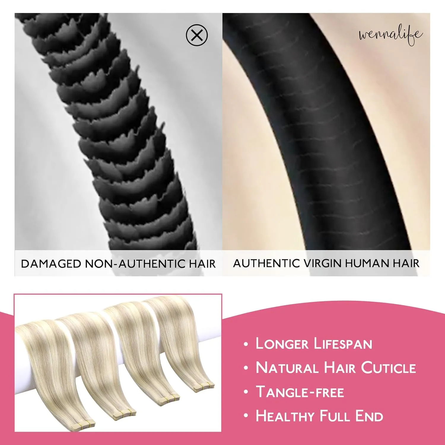 WENNALIFE Tape in Hair Extensions Human Hair Ash Blonde Highlighted Platinum Blonde Tape in Extensions, 10pcs 30g 22 inch Remy Invisible Tape Ins Straight Soft Real Human Hair Tape in Extensions