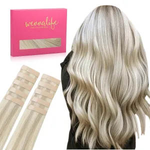 WENNALIFE Tape in Hair Extensions Human Hair Ash Blonde Highlighted Platinum Blonde Tape in Extensions, 10pcs 30g 22 inch Remy Invisible Tape Ins Straight Soft Real Human Hair Tape in Extensions