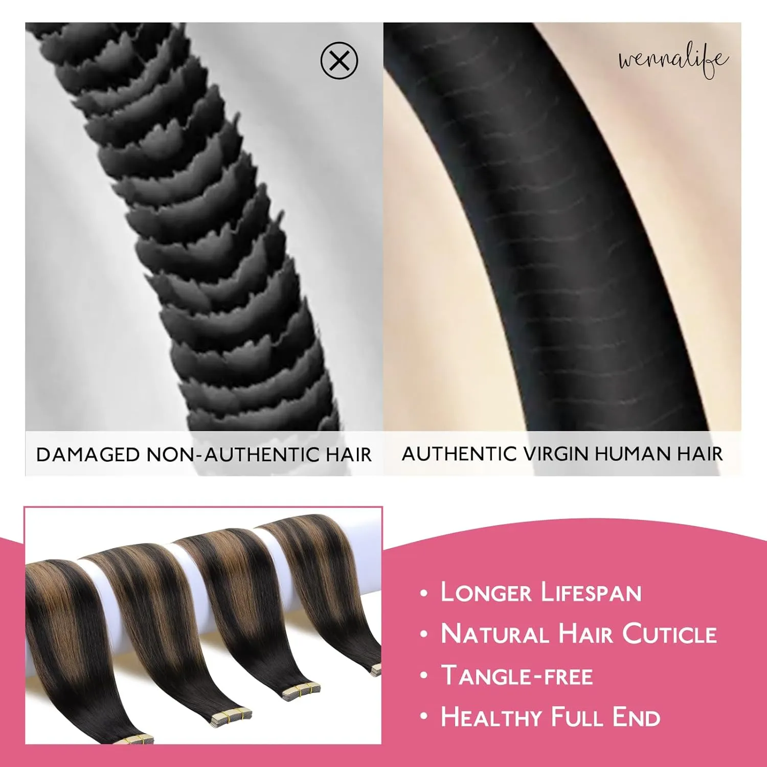 WENNALIFE Tape in Hair Extensions Human Hair Balayage Natural Black to Chestnut Brown, 10pcs 30g 22 inch Remy Invisible Tape Ins Straight Soft Real Human Hair Tape in Extensions