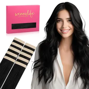 WENNALIFE Tape in Hair Extensions Human Hair Jet Black Tape in Extensions, 10pcs 30g 22 inch Remy Invisible Tape Ins Straight Colored Soft Real Human Hair Tape in Extensions Refill Set Extensions