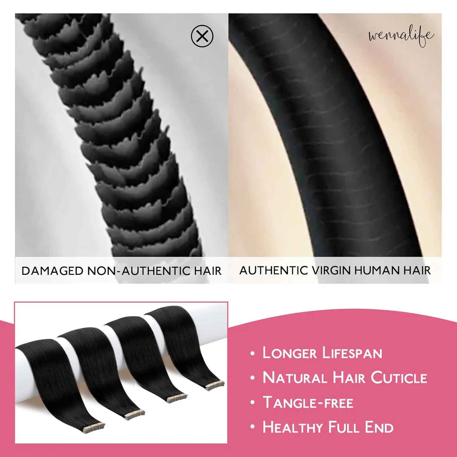 WENNALIFE Tape in Hair Extensions Human Hair Jet Black Tape in Extensions, 10pcs 30g 22 inch Remy Invisible Tape Ins Straight Colored Soft Real Human Hair Tape in Extensions Refill Set Extensions