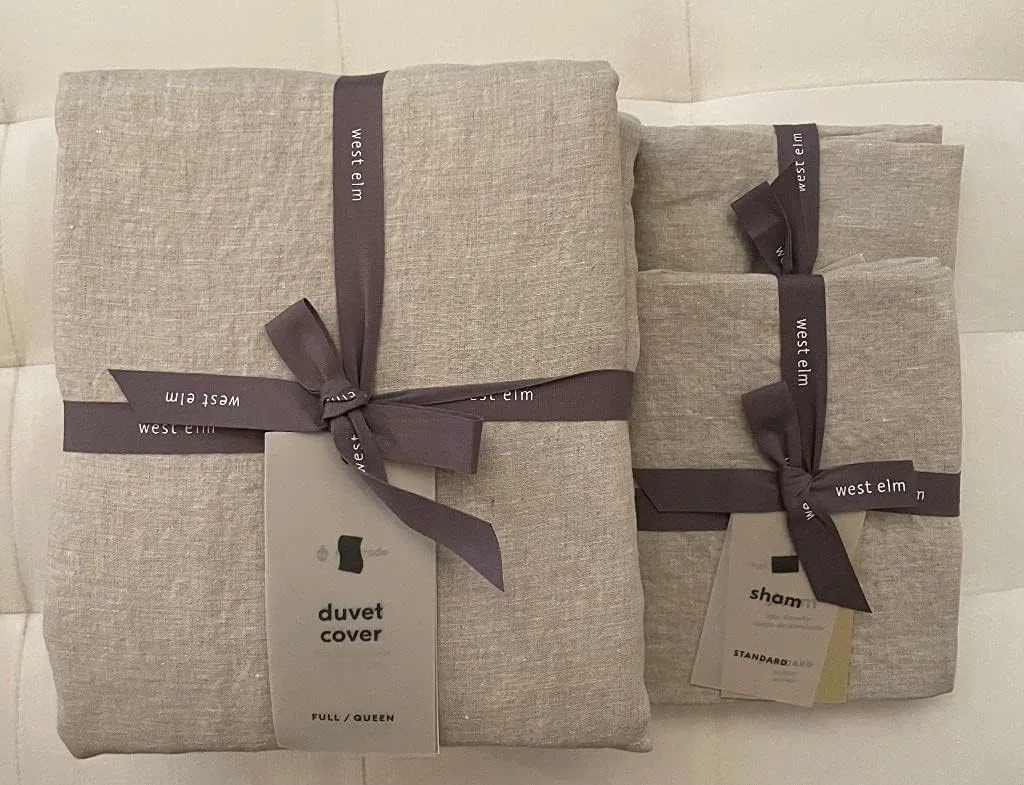 West Elm European Flax Linen Duvet Cover Full/Queen & Two Standard Shams ~Natural Flax