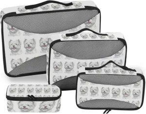 West Highland White Terrier Breed Dog Painting on White 4 PCs Set Packing Bags, Luggage Organizer Bag, Portable Cube Toiletry bag, Durable Travel Cosmetic Storage Bag for Men Women