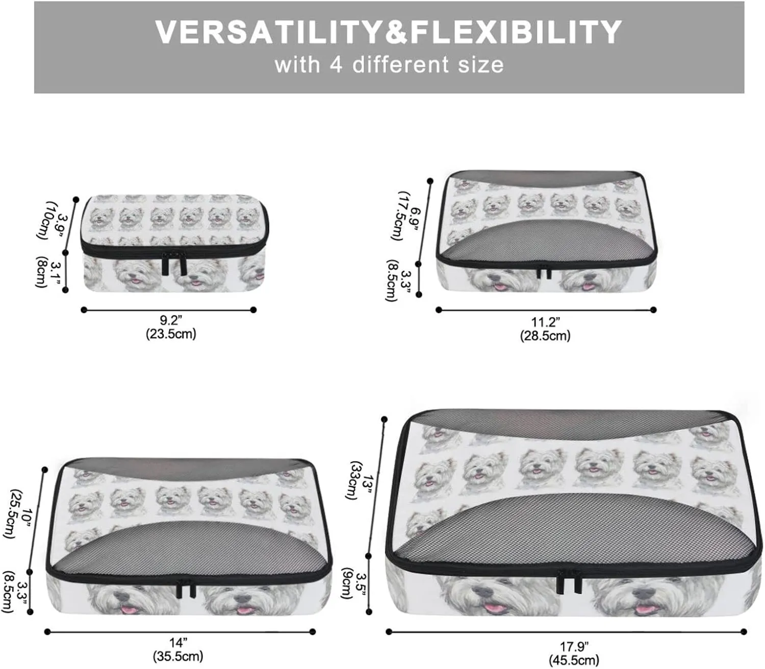 West Highland White Terrier Breed Dog Painting on White 4 PCs Set Packing Bags, Luggage Organizer Bag, Portable Cube Toiletry bag, Durable Travel Cosmetic Storage Bag for Men Women