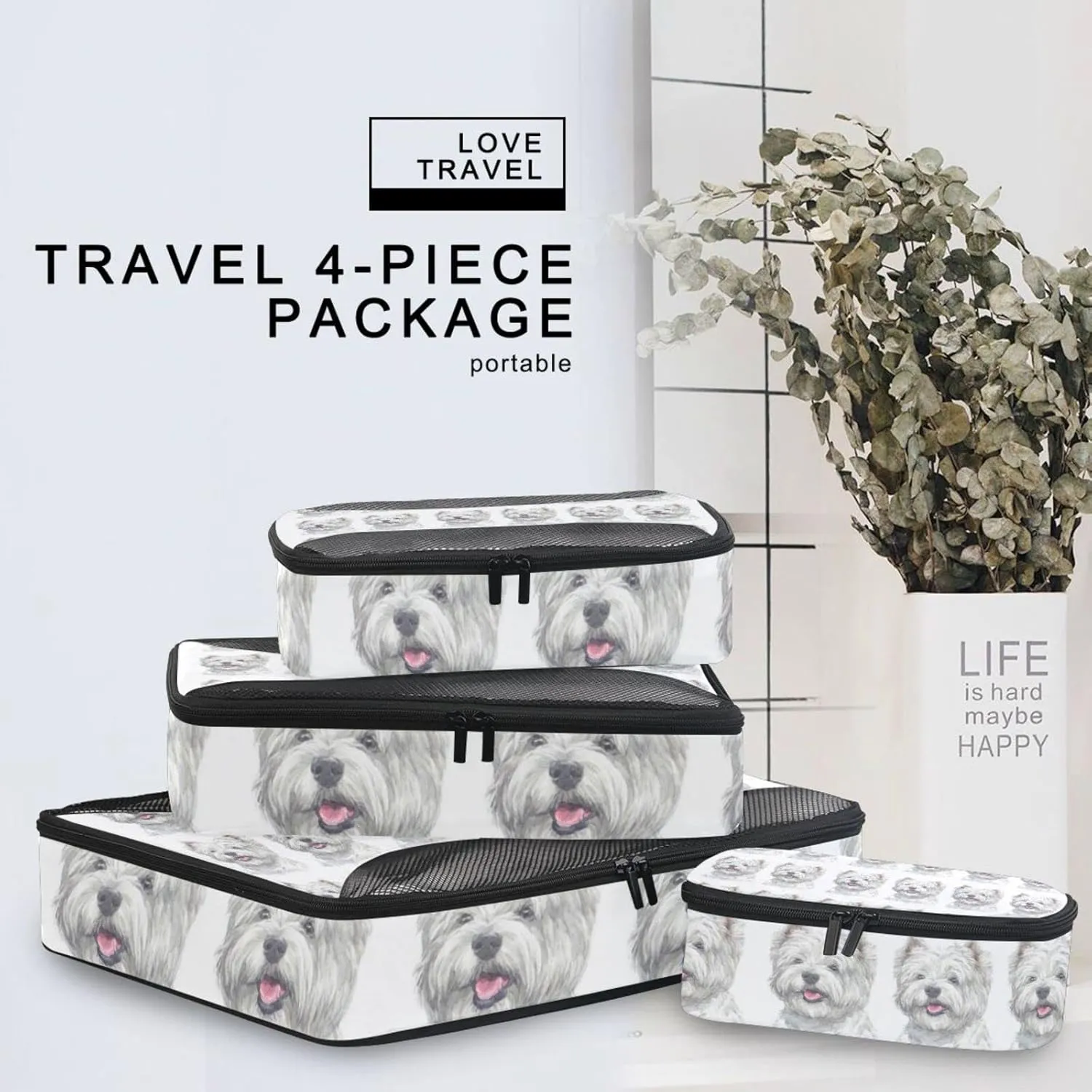 West Highland White Terrier Breed Dog Painting on White 4 PCs Set Packing Bags, Luggage Organizer Bag, Portable Cube Toiletry bag, Durable Travel Cosmetic Storage Bag for Men Women