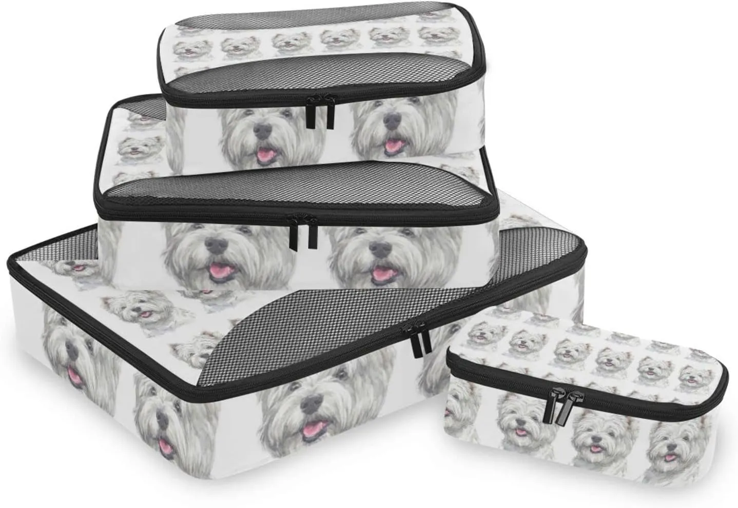 West Highland White Terrier Breed Dog Painting on White 4 PCs Set Packing Bags, Luggage Organizer Bag, Portable Cube Toiletry bag, Durable Travel Cosmetic Storage Bag for Men Women