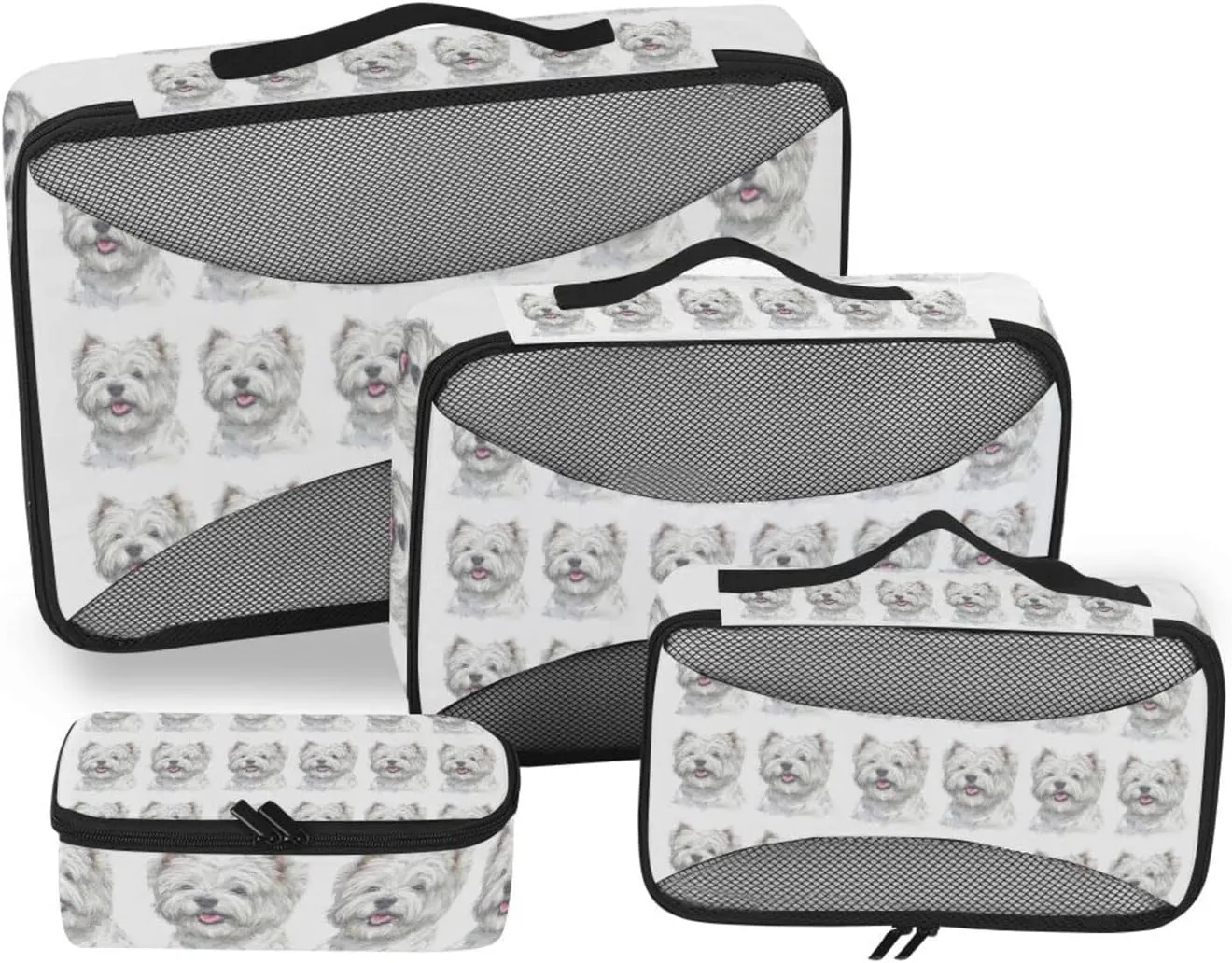 West Highland White Terrier Breed Dog Painting on White 4 PCs Set Packing Bags, Luggage Organizer Bag, Portable Cube Toiletry bag, Durable Travel Cosmetic Storage Bag for Men Women