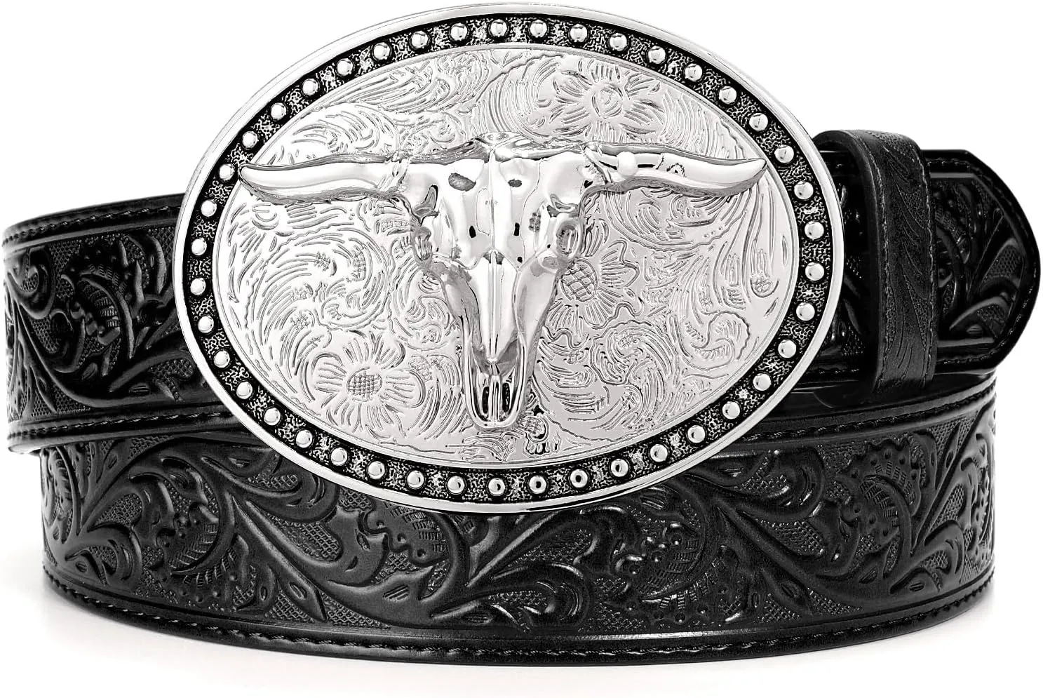 Western Leather Belt for Men Women Cowgirl Cowboy Western Longhorn Bull Buckle Belt for Jeans Christmas Gifts Belts