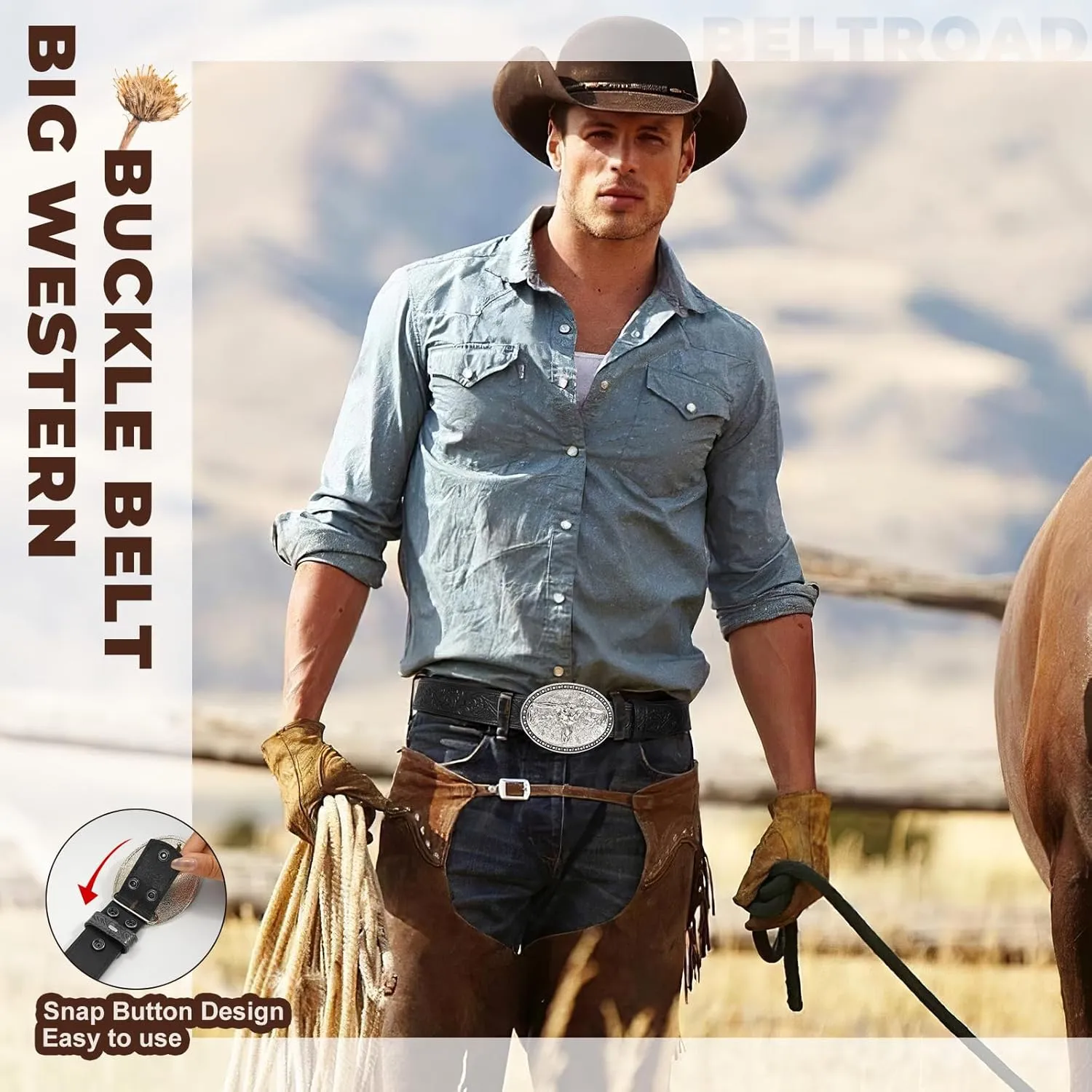 Western Leather Belt for Men Women Cowgirl Cowboy Western Longhorn Bull Buckle Belt for Jeans Christmas Gifts Belts