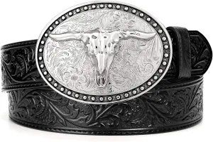 Western Leather Belt for Men Women Cowgirl Cowboy Western Longhorn Bull Buckle Belt for Jeans Christmas Gifts Belts