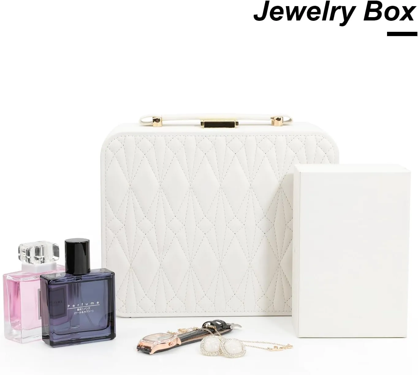 White Jewelry Box - Large Travel Jewelry Case Organizer, 2 Layer Holder, Women's Watch Case
