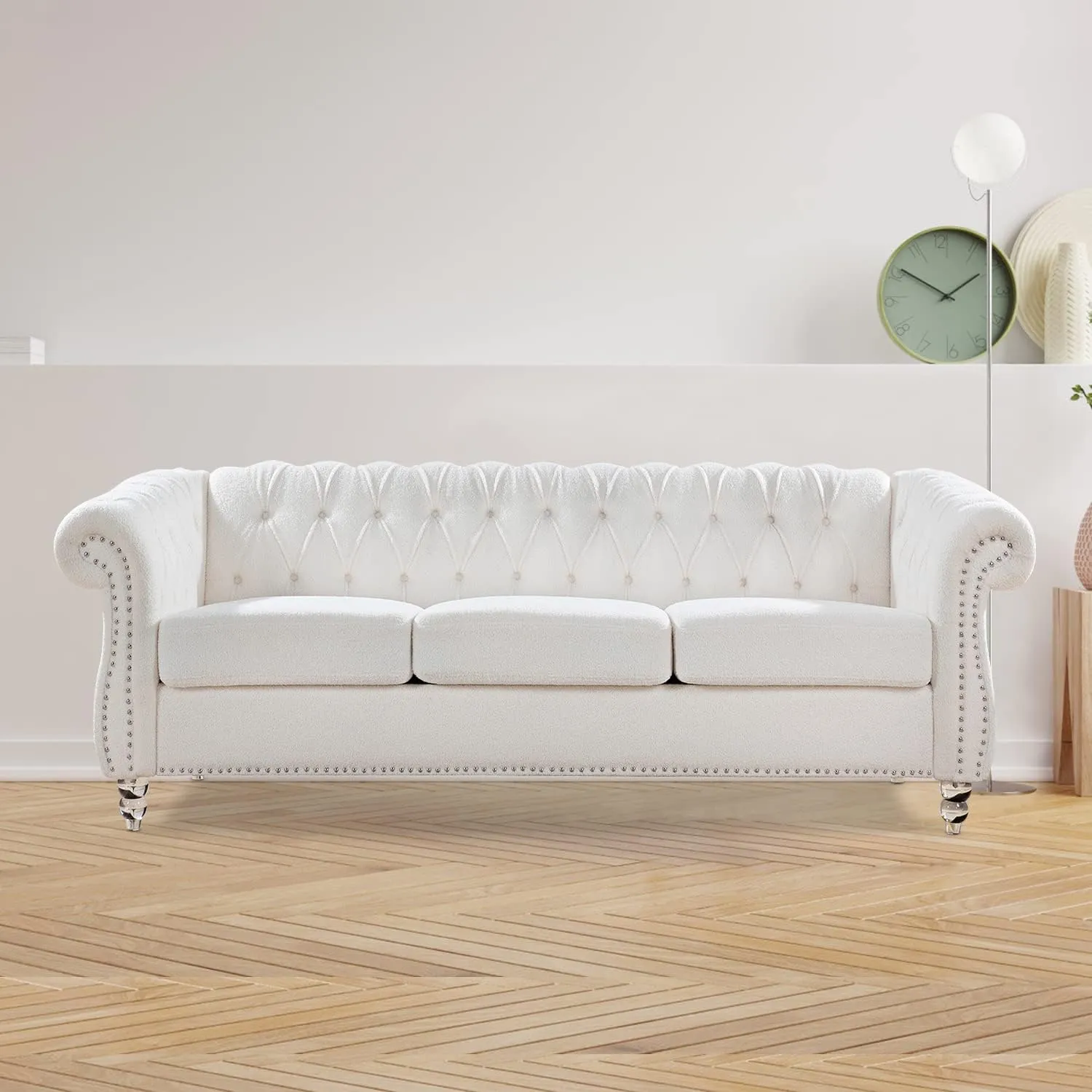 White Velvet Couches for Living Room 3-Seater Chesterfield Sofa Tufted Sofa Furniture Couch Nailhead Upholstered Couches Minimalis Light Luxury Easy to Assemble