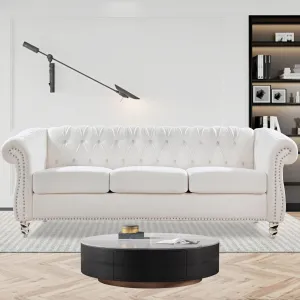 White Velvet Couches for Living Room 3-Seater Chesterfield Sofa Tufted Sofa Furniture Couch Nailhead Upholstered Couches Minimalis Light Luxury Easy to Assemble