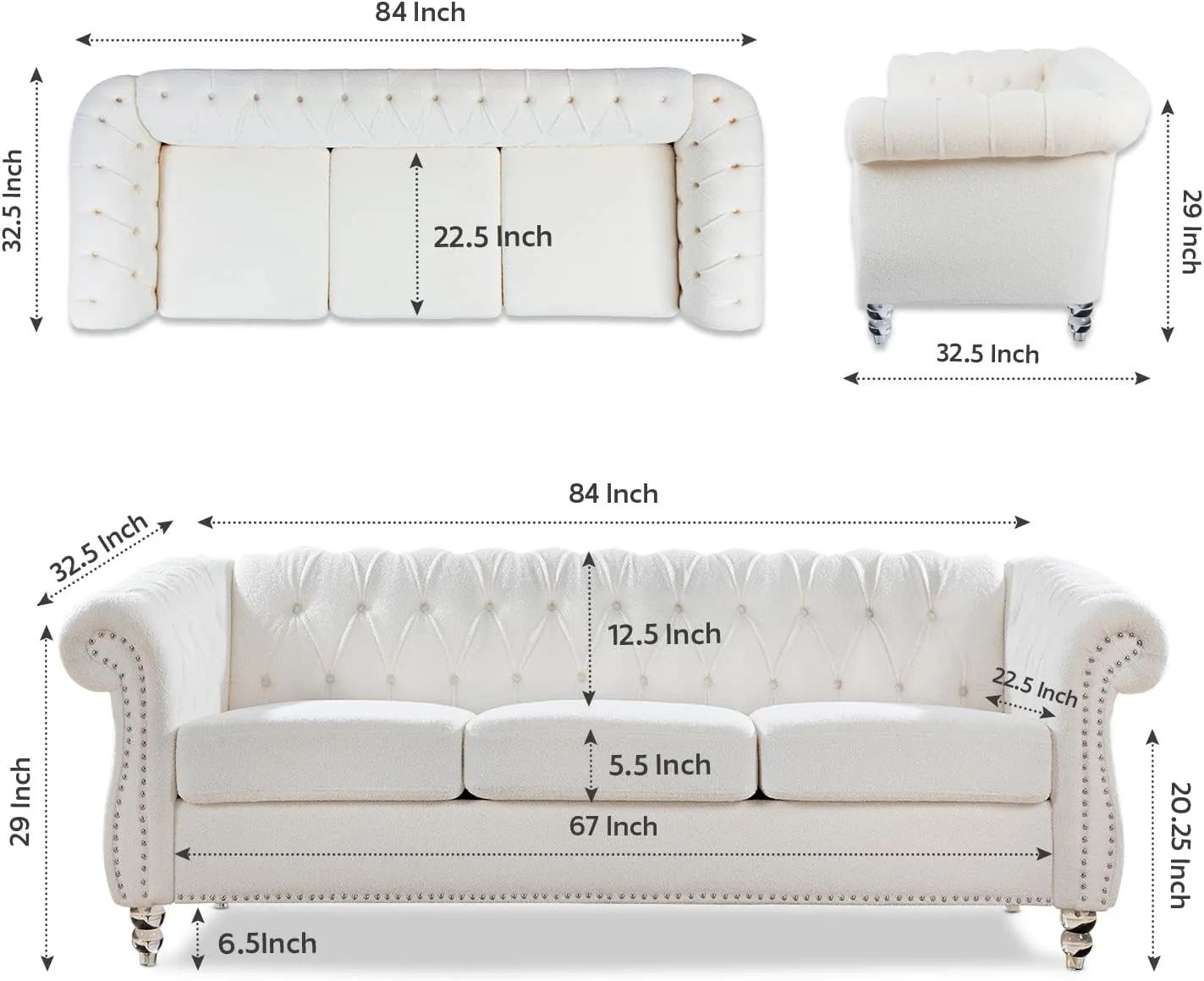 White Velvet Couches for Living Room 3-Seater Chesterfield Sofa Tufted Sofa Furniture Couch Nailhead Upholstered Couches Minimalis Light Luxury Easy to Assemble