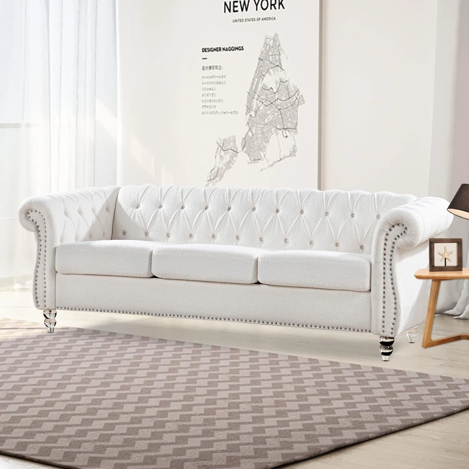 White Velvet Couches for Living Room 3-Seater Chesterfield Sofa Tufted Sofa Furniture Couch Nailhead Upholstered Couches Minimalis Light Luxury Easy to Assemble