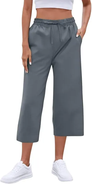 Wide Leg Capri Pants for Women Elastic High Waist Straight Leg Palazzo Trousers Summer Beach Vacation Lounge Pants