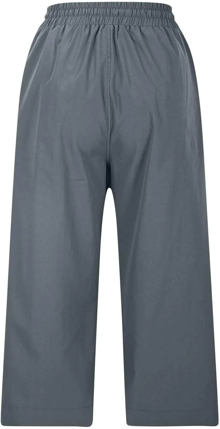 Wide Leg Capri Pants for Women Elastic High Waist Straight Leg Palazzo Trousers Summer Beach Vacation Lounge Pants